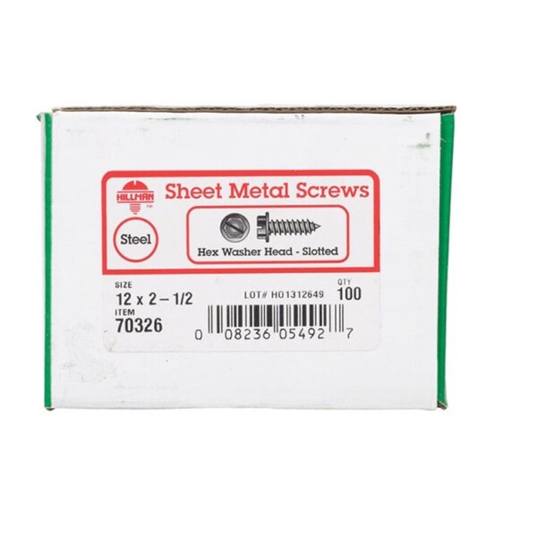 Hillman Sheet Metal Screw, #12 x 2-1/2 in, Zinc Plated Steel Flange Hex Head Hex Drive 76608 - main